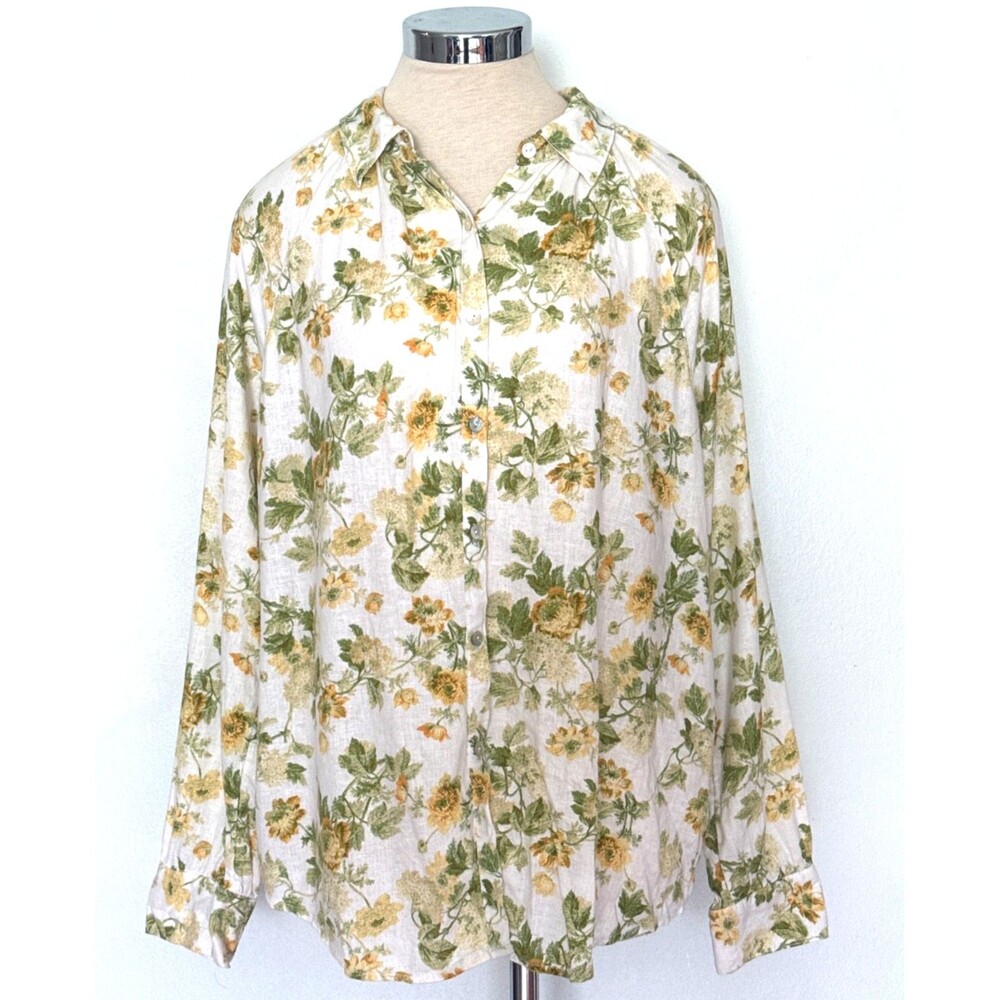 LAURA ASHLEY XL Linen & Rayon Yellow Green Floral Long Sleeve Beachy Boho Top
